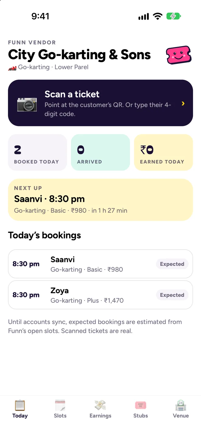Funn Vendor today: booked, arrived, earned