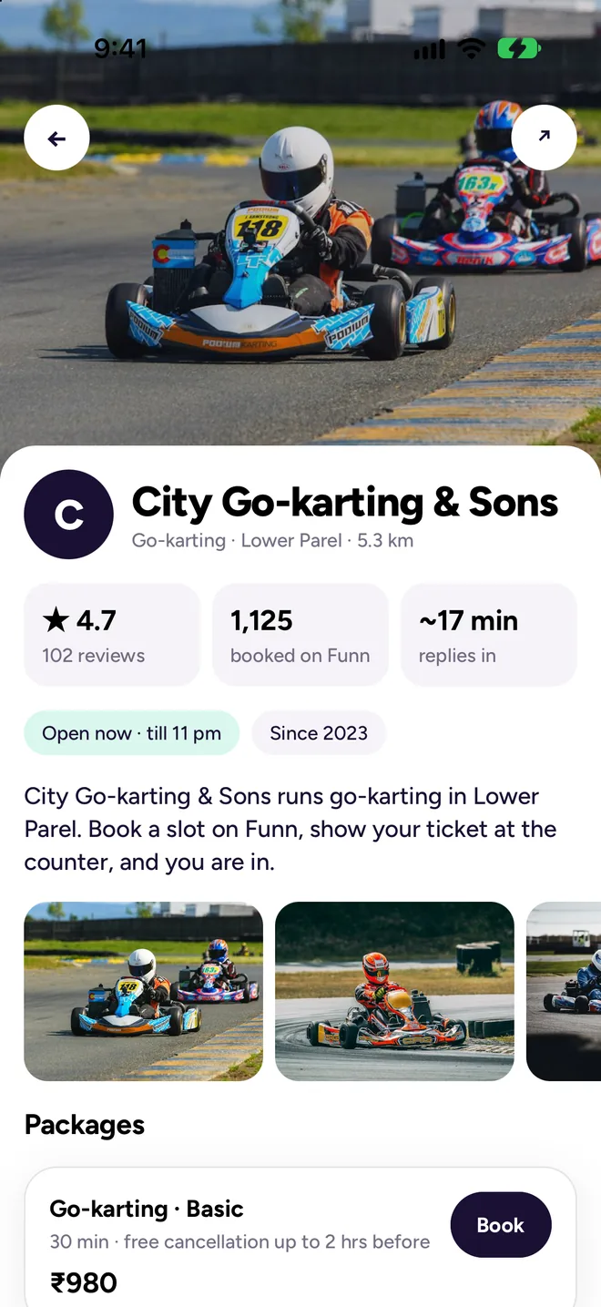 A go-karting venue page
